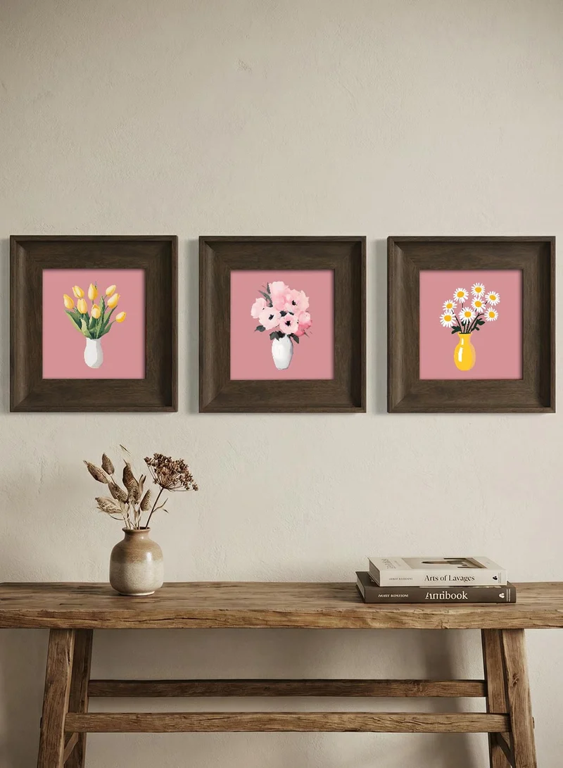 LOWHA Set of 3 Canvas Wall Art Stretched Over Wooden Frame with Vintage Brown Floating Frame and Blush Floral Vases Design